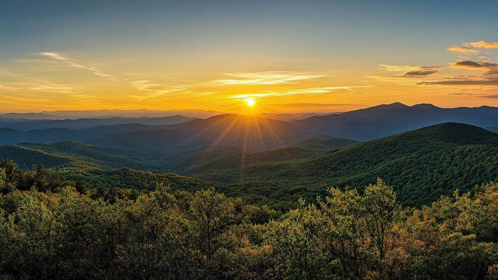 Summer sun set over the Blue ridge mountains in Western NC