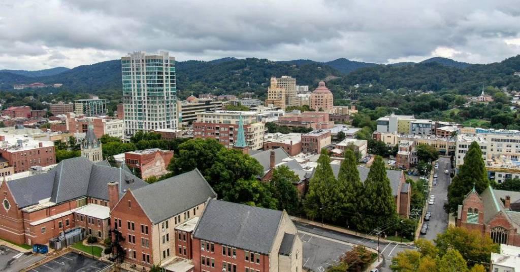 Aerial view of Downtown Asheville, NC